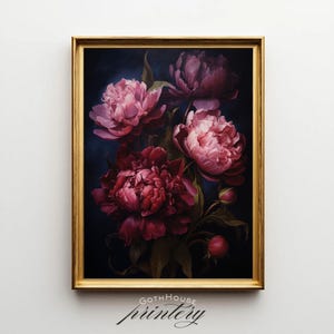 PRINTABLE Dark Moody Peony Oil Painting, Cottage Dark Academia Wall Art, Bold Botanical Flower Print, Whimsigoth Victorian Maximalist Art