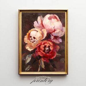 PRINTABLE Skull Flower Wall Art | Gothic Botanical Print | Dark Floral Peony Digital Art | Witchy Cottagecore Decor | Instant Download