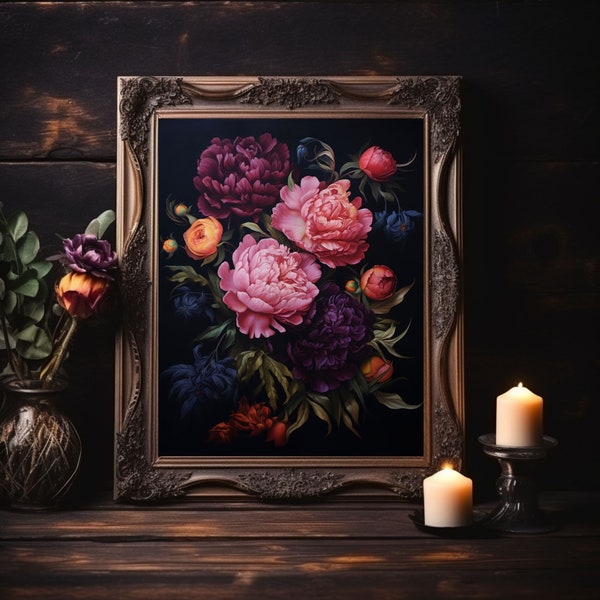 PRINTABLE Dark Moody Peony Floral Oil Painting, Cottage Dark Academia Wall Art, Bold Botanical Flower Print, Whimsigoth Victorian Maximalist