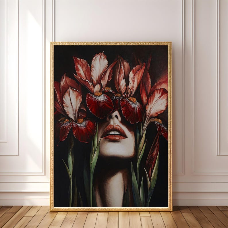 A bold and moody digital art print featuring a mysterious woman adorned with deep red irises. This gothic botanical portrait combines dark feminine energy with rich, luxurious tones — perfect for lovers of dramatic decor and modern romantic art.
Instant digital download for easy and stylish wall decor.