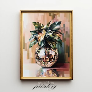 PRINTABLE Disco Ball Wall Art | House Plant Art | Retro Funky Digital Art | Eclectic Botanical Print | Plant Lover Decor| Moody Glam Decor