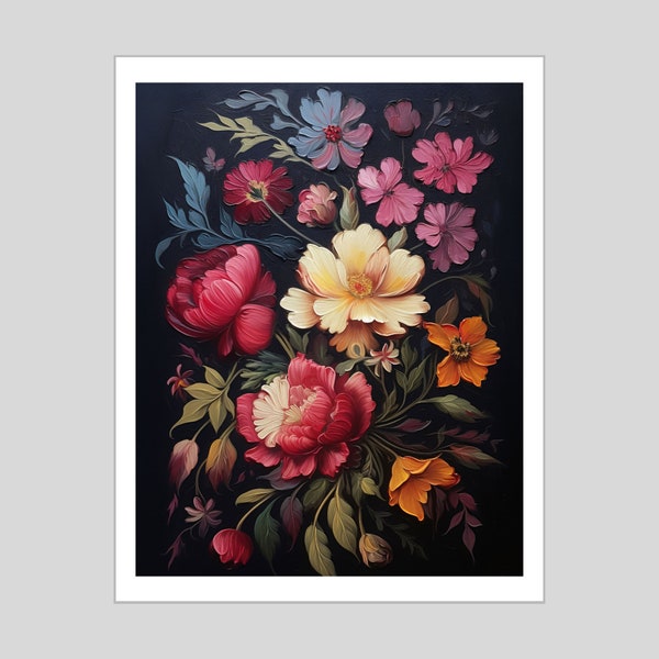 PRINTABLE Dark Moody Floral Oil Painting, Cottage Dark Academia Wall Art, Bold Botanical Flower Print, Whimsigoth Victorian Maximalist Art