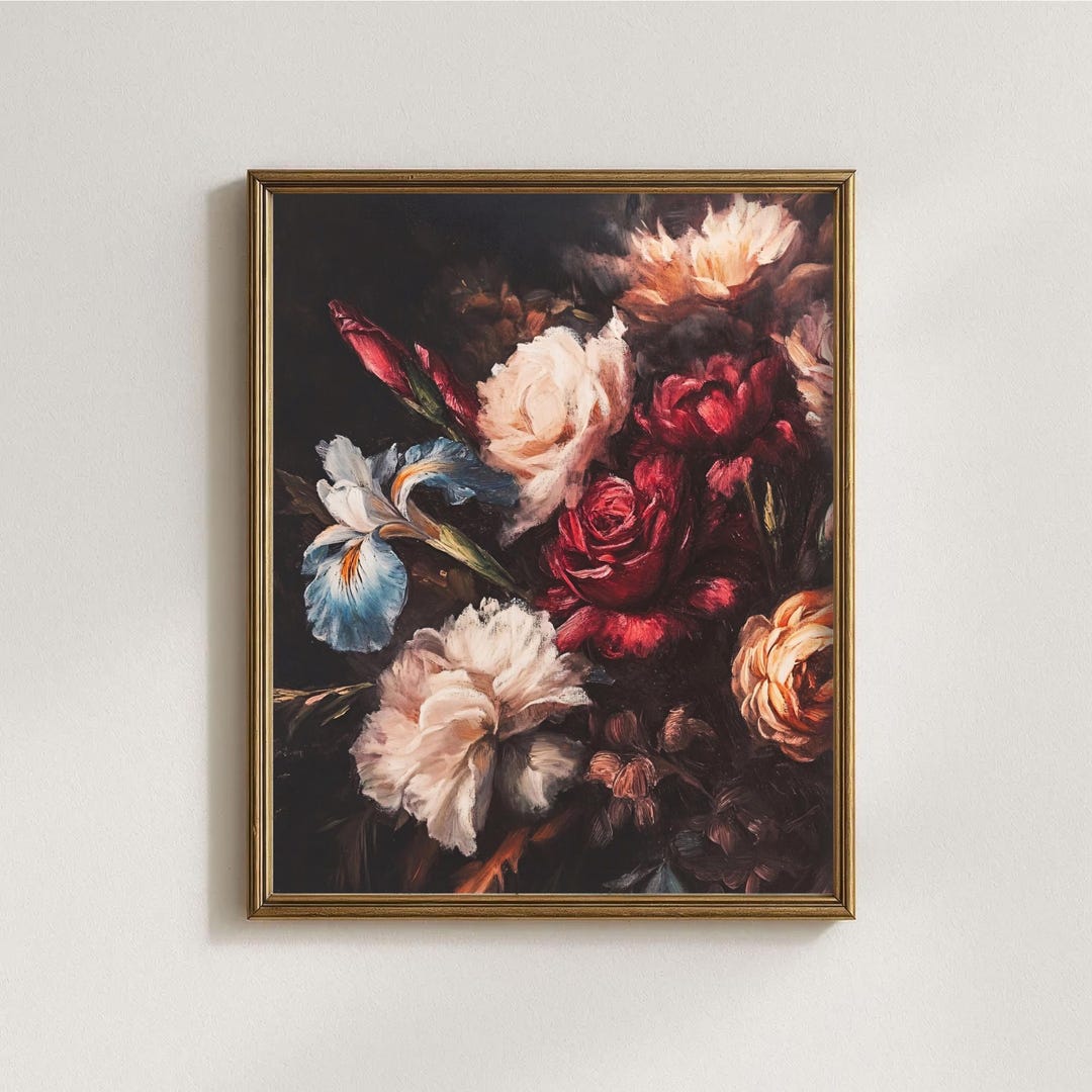 Moody Vintage Flower Printable Dark Floral Still Life Oil Painting ...
