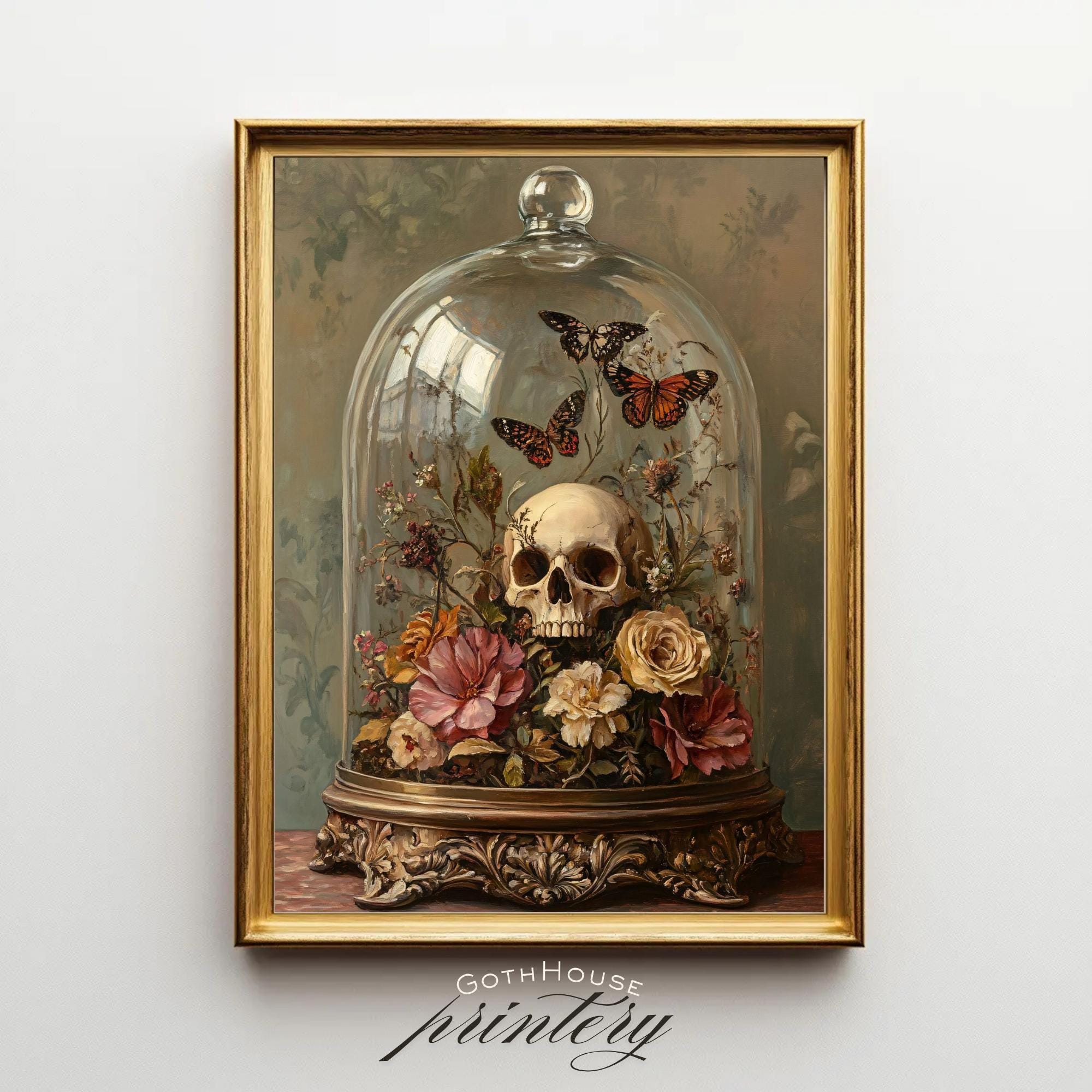 PRINTABLE Skull & Floral Cloche Art | Gothic Botanical Wall Print