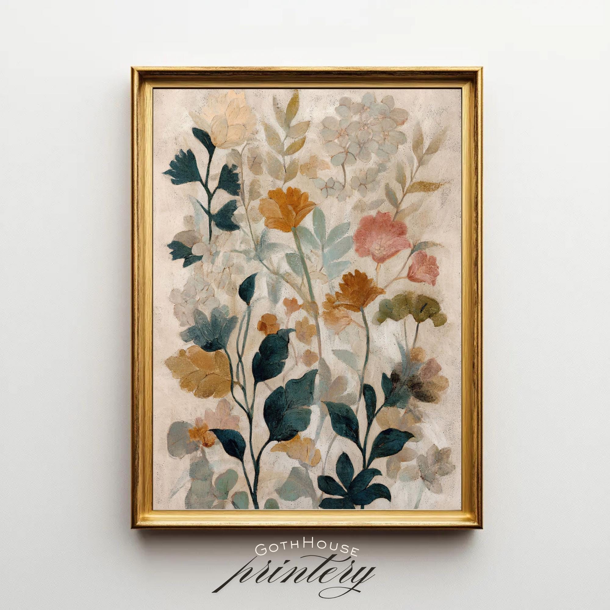 PRINTABLE Vintage Botanical Painting – Earth Tone Floral Print, Boho Cottagecore Decor, Digital Watercolor, Maximalist Eclectic Wall Art