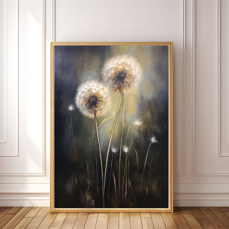 This enchanting printable artwork captures the delicate beauty of glowing dandelions set against a moody, painterly background. Perfect for adding a soft, ethereal touch to your home, this digital download brings botanical elegance to any gallery wall, bedroom, or quiet corner. Ideal for lovers of dark florals, natural textures, and atmospheric design.
