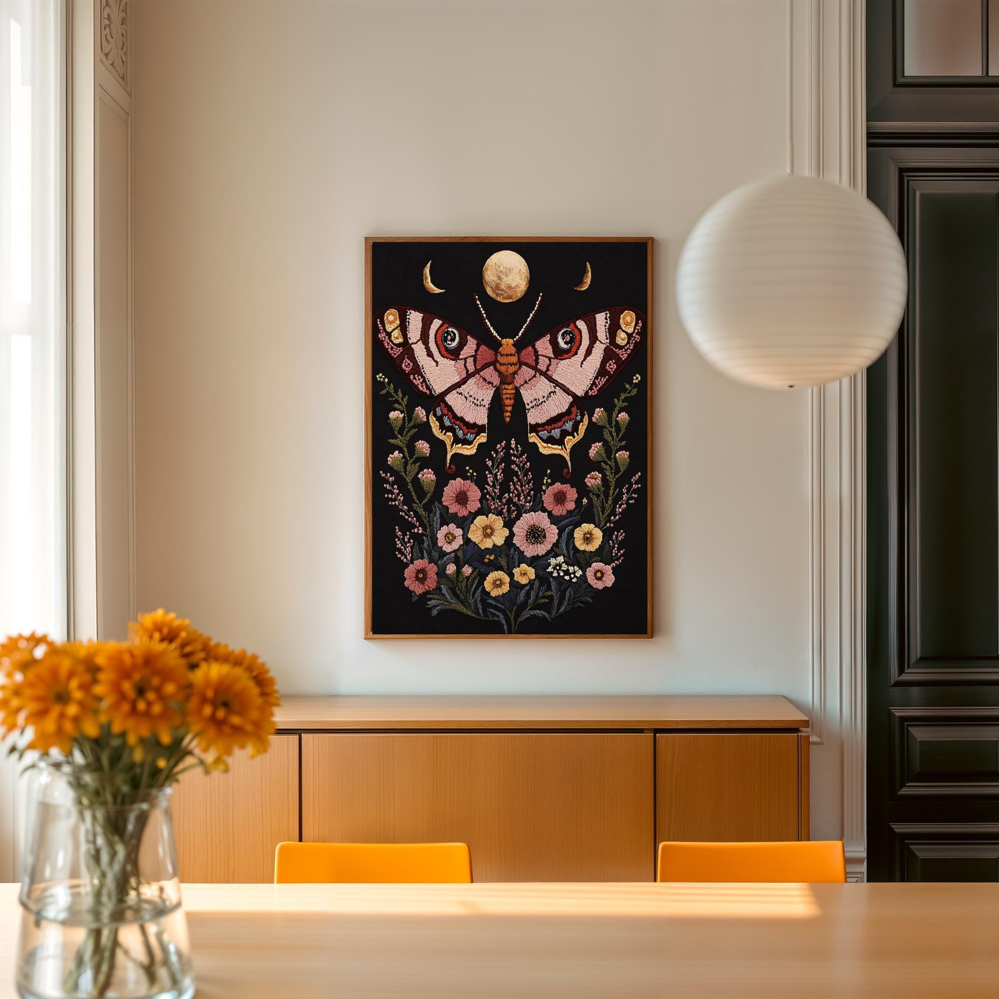 Faux Embroidery Moth Art Printable, Witchy Floral Wall Decor, Dark Boho ...