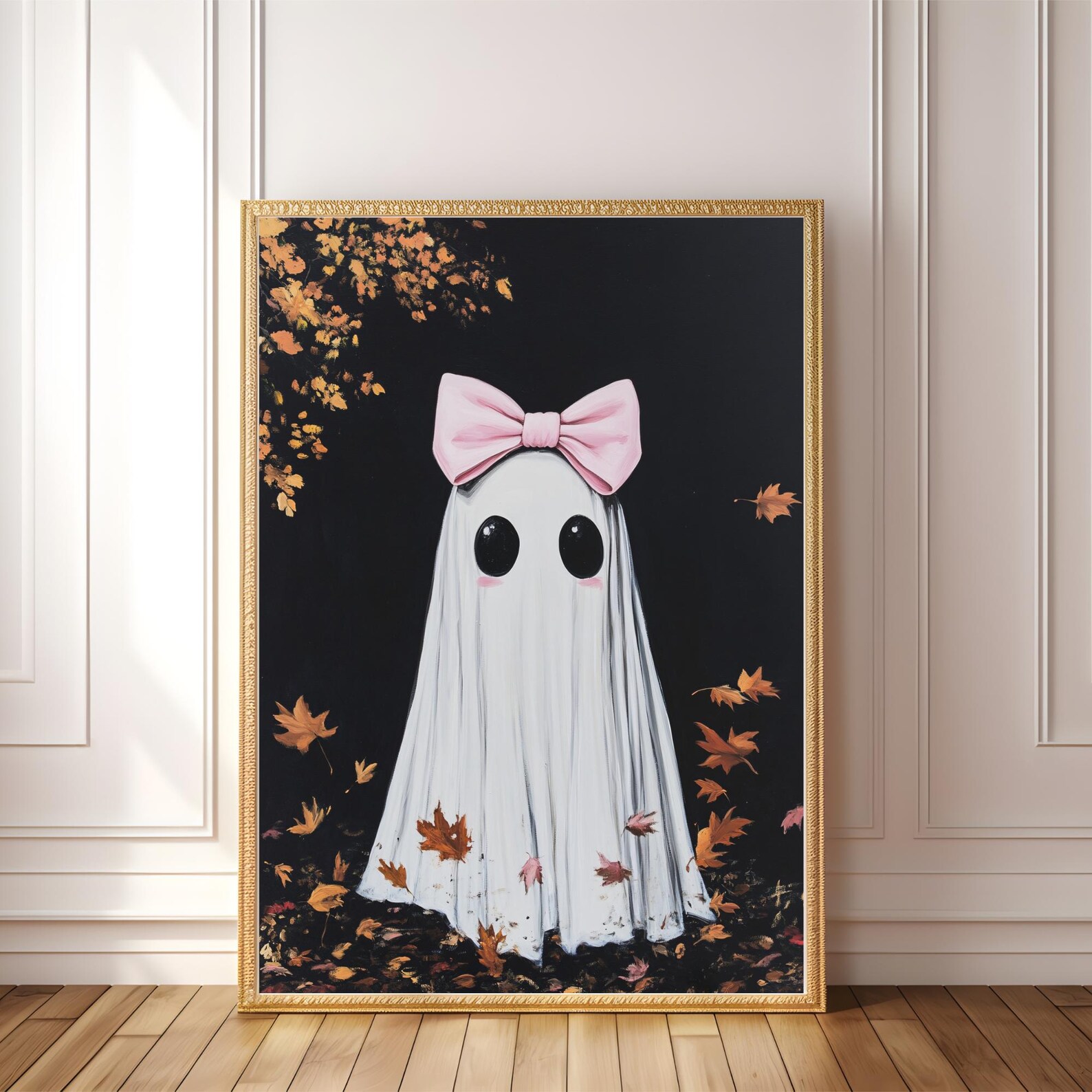 Pink Bow Ghost Painting | Cute Halloween Wall Art | Kawaii Ghost ...