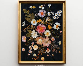 Dark Pressed Flower Print | Vintage Herbarium | Flower Boho Decor | Black Botanical Wall Art | Dark Cottagecore Decor | Dark Floral Wall Art