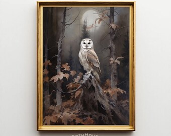 Barn Owl in Moody Forest Digital Wall Art | Gothic Woodland Owl Printable | Dark Autumn Decor | Witchcore Rustic Print | Halloween Wall Art