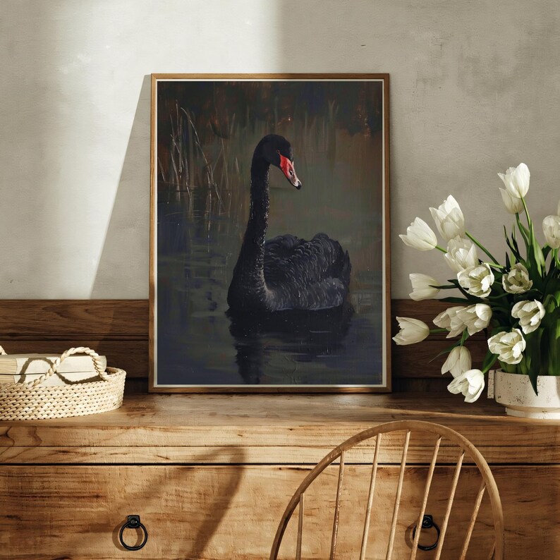 May include: A framed print of a black swan swimming in a pond. The swan has a red beak and is facing to the right. The background is a blurred image of reeds and water.