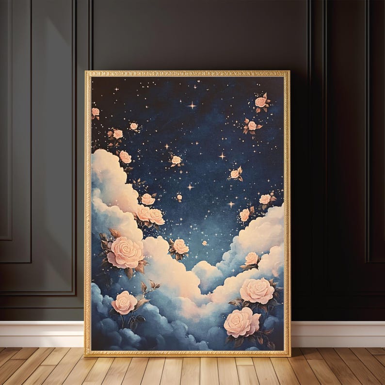 PRINTABLE Floral Cloud Art – Starry Night Sky Wall Decor, Celestial ...