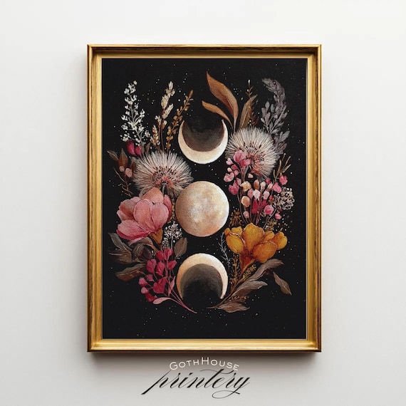 Triple Moon Goddess Print: Botanical Lunar Phase Wall Art (digital