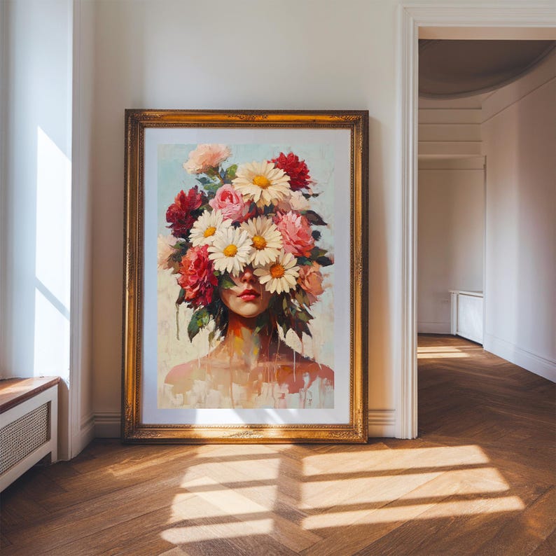 PRINTABLE Flower Head Painting, Surreal Portrait, Floral Face Print ...