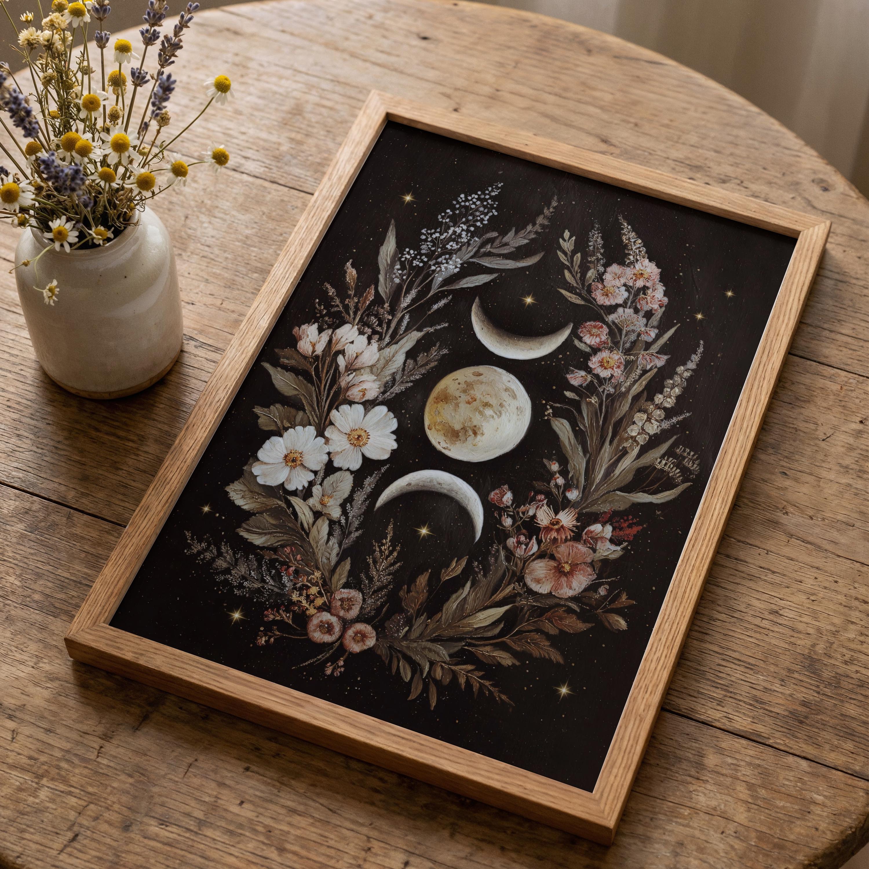 Triple Moon Goddess Wall Art Printable Botanical Lunar Phase Deco