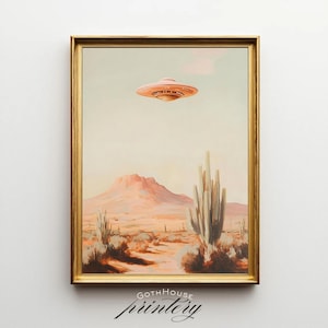 PRINTABLE UFO Desert Wall Art – Retro Sci-Fi Landscape Digital Download, Surreal Western Cactus Art, Eclectic Alien Decor, Area 51 Print