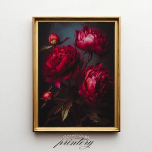 Instant Digital Download: Immerse yourself in the captivating drama of this moody red peony digital art print. Perfect for adding a touch of dark academia or gothic elegance to your space, this printable art features vibrant red peonies blooming against a deep, atmospheric background, echoing classic oil painting aesthetics.