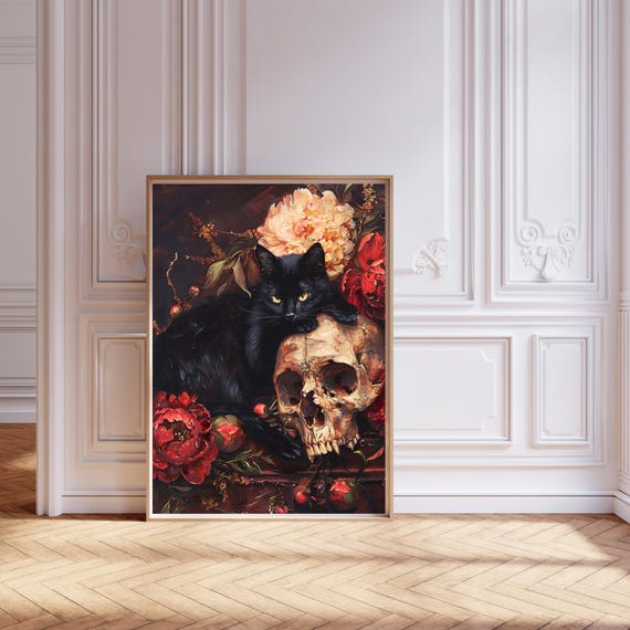 PRINTABLE Floral Gothic Painting, Dark Academia Print, Black Cat Artwork, Cottagecore Wall Art, Witchcore, Skull Still Life, Moody Victorian