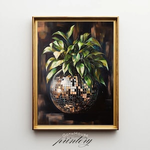 PRINTABLE Disco Ball Wall Art | Pothos Plant | Retro Funky Digital Art| Eclectic Botanical Print | Plant Lover Decor, Moody Glam Decor