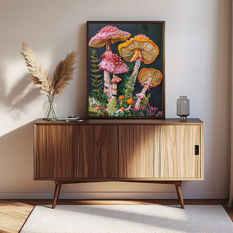 PRINTABLE Faux Embroidery Mushroom Painting, Botanical Wall Art, Fungi Art, Cottagecore, Retro Maximalist Print, Earthy Decor, Dark Boho 70s
