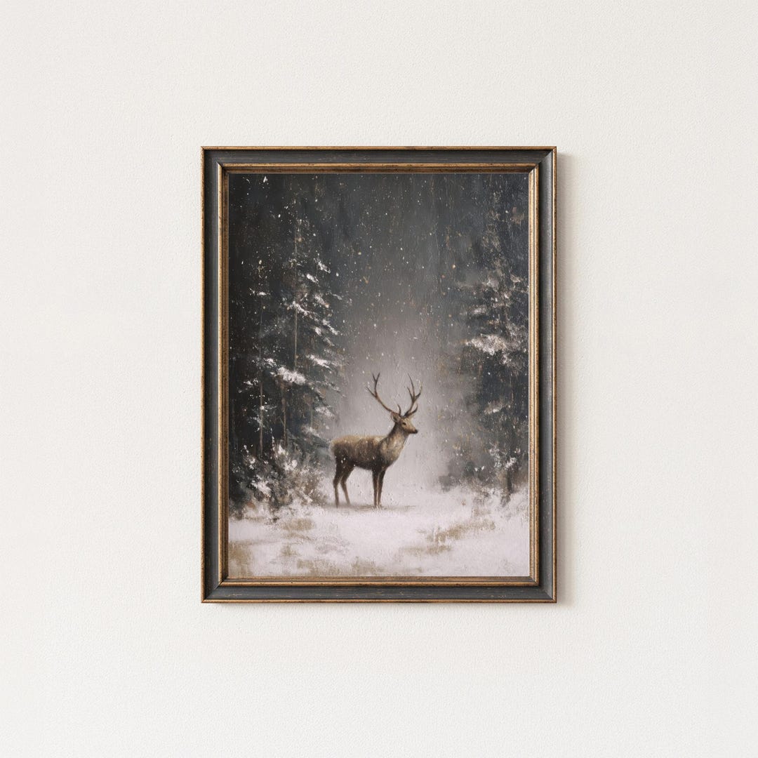 Vintage Deer Christmas Print | Moody Christmas Wall Art | Rustic Winter ...