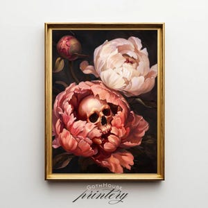 PRINTABLE Skull Peony Wall Art | Dark Floral Digital Print | Gothic Botanical Decor | Macabre Flower Artwork | Dark Coquette Download