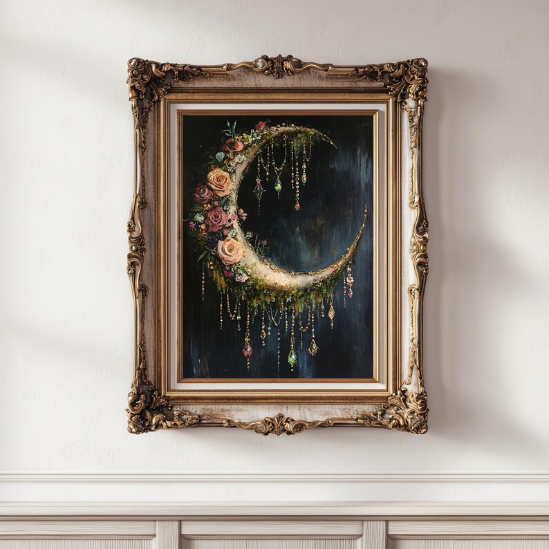 PRINTABLE Boho Gothic Crescent Moon Art – Dark Floral Wall Decor With ...