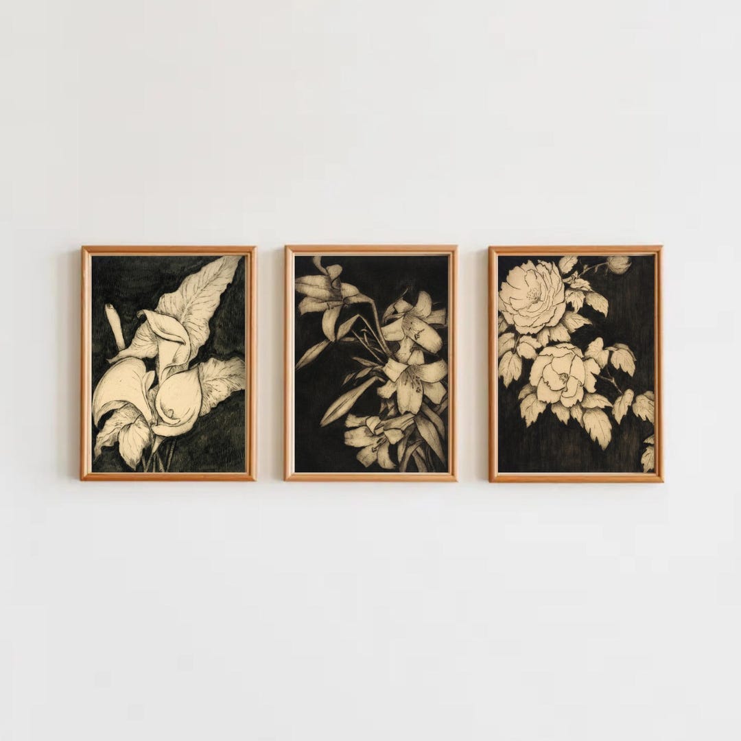 PRINTABLE Vintage Botanical Wall Art | 3 Piece Moody Floral Print ...