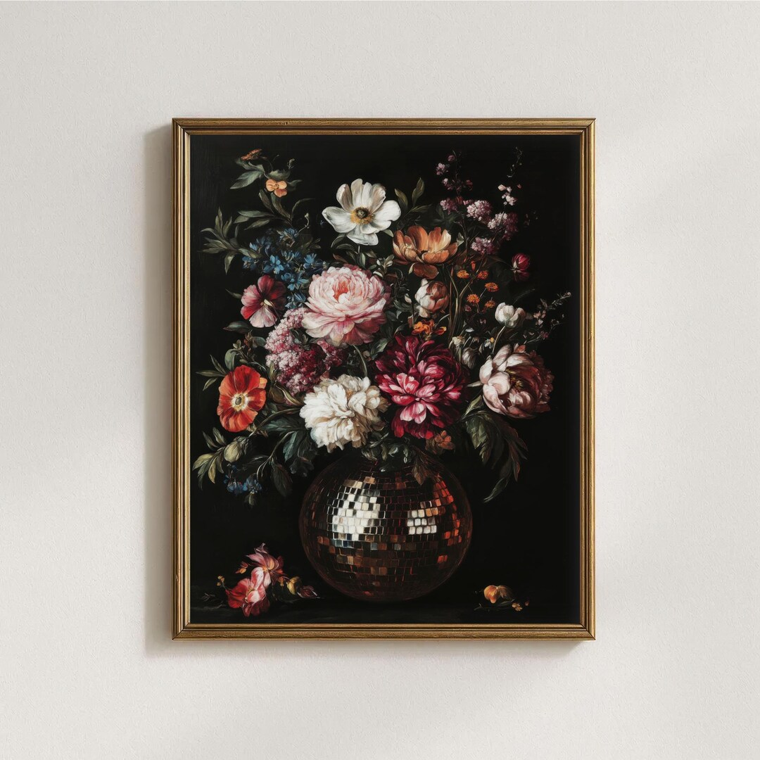 Moody Floral Still Life Printable Maximalist Flower Disco Ball Wall Art ...
