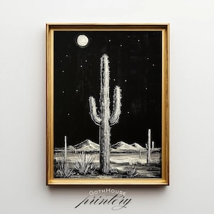 PRINTABLE Cactus Night Art – Gothic Desert Wall Decor, Black and White Moon Print, Minimal Southwest Artwork, Neutral Boho Saguaro Wall Art