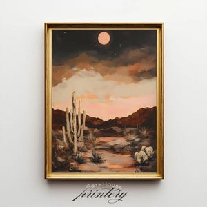 PRINTABLE Desert Moon Art – Moody Southwestern Cactus Landscape, Blush Sky Wall Decor, Romantic Desert Digital Download, Boho Sunset Print
