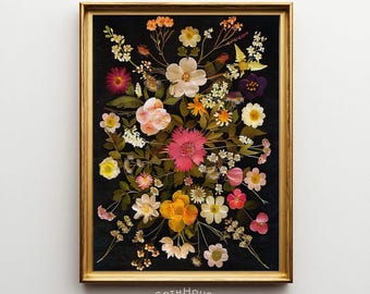 Dark Pressed Flower Print | Vintage Herbarium | Flower Boho Decor | Black Botanical Wall Art | Dark Cottagecore Decor | Dark Floral Wall Art