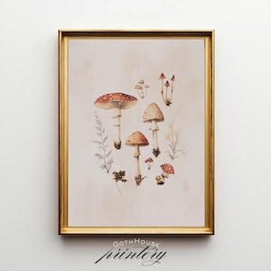 PRINTABLE Vintage Mushroom Wall Art | Cottagecore Fungi Digital Print | Botanical Toadstool Poster Download | Woodland Boho Print