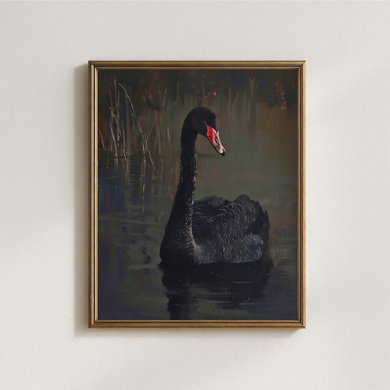 Discover the serene and mysterious beauty of this vintage-inspired black swan digital art print. A graceful black swan with a striking red beak glides across moody, still waters, surrounded by dark reeds, bringing a touch of gothic elegance and nature-inspired decor to any space.

This artwork has a rich, oil-painting texture and muted color palette that evokes a sense of old-world charm and tranquil elegance. Perfect for a dark academia aesthetic, Victorian gothic home