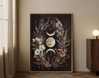 Triple Moon Goddess Wall Art Printable Botanical Lunar Phase Deco