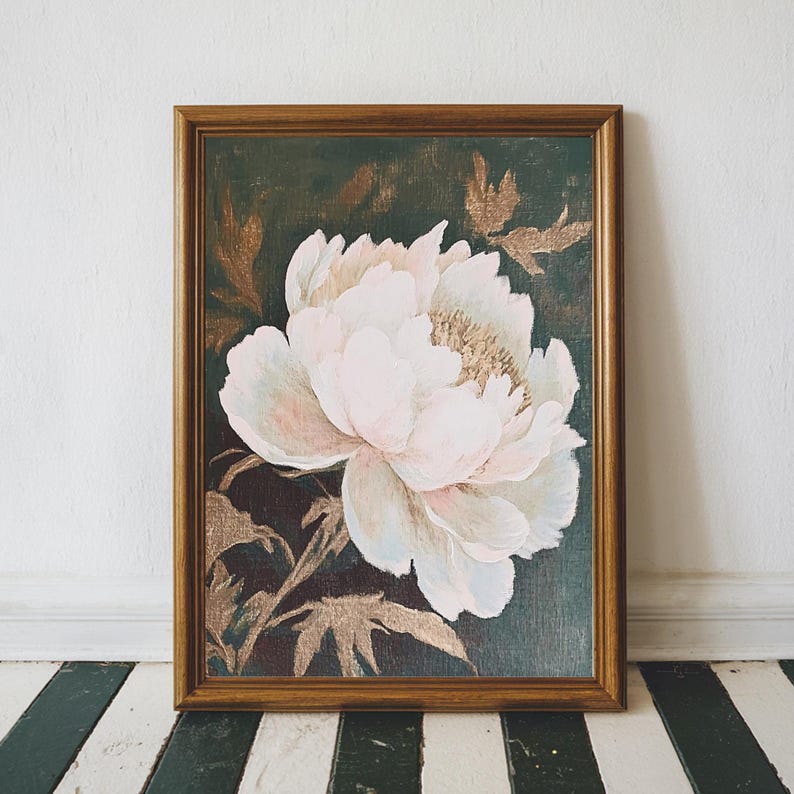 PRINTABLE Moody Floral Print, Peony Painting, Retro Eclectic Art, Spring Decor, Boho Flower Wall Art, Soft Pastel Art, Light Cottagecore