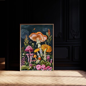 May include: A framed illustration of a variety of mushrooms in a forest setting. The mushrooms are in shades of pink, orange, and yellow, with green foliage and a dark blue background.