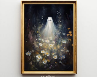 Floral Sheet Ghost Painting | Vintage Ghost Printable Wall Art | Halloween Wall Art | Whimsigoth Decor | Cottagecore Ghost | Spooky Cute Art