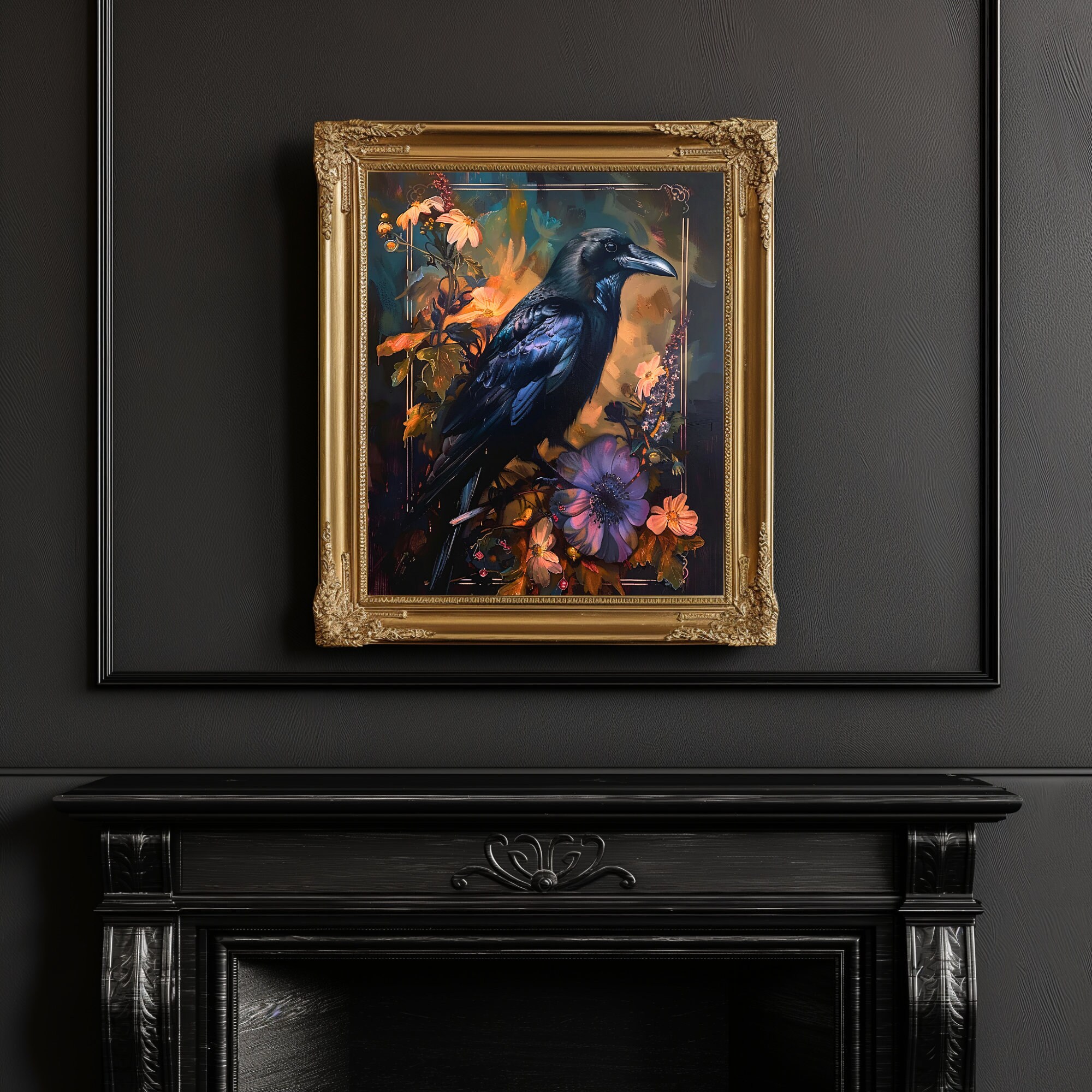 PRINTABLE Moody Floral Crow Oil Painting, Cottagecore Raven, Dark ...