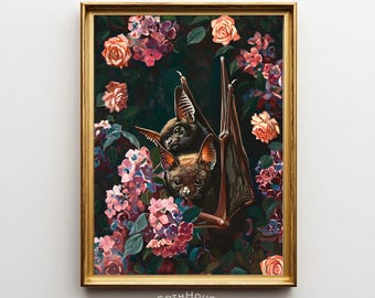 Floral Bat Print | Digital Gothic Wall Art | Dark Cottagecore Decor | Dark Academia Print | PRINTABLE Halloween Wall Art | Whimsigoth Decor