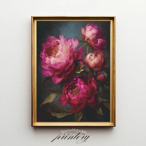 Experience the timeless allure of a dark floral masterpiece with this high-resolution digital art print. Showcasing exquisite peonies with intricate details, this piece is an ideal choice for creating a captivating gallery wall with a vintage, mysterious, or dark romantic aesthetic.