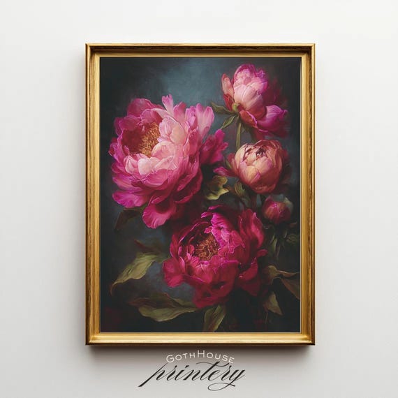 Moody Floral Digital Print | Peony Oil Painting | Dark Academia Wall Art | Gothic Botanical Artwork | Whimsigoth Decor | Victorian Printable