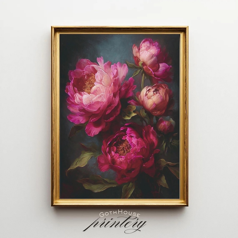 Experience the timeless allure of a dark floral masterpiece with this high-resolution digital art print. Showcasing exquisite peonies with intricate details, this piece is an ideal choice for creating a captivating gallery wall with a vintage, mysterious, or dark romantic aesthetic.