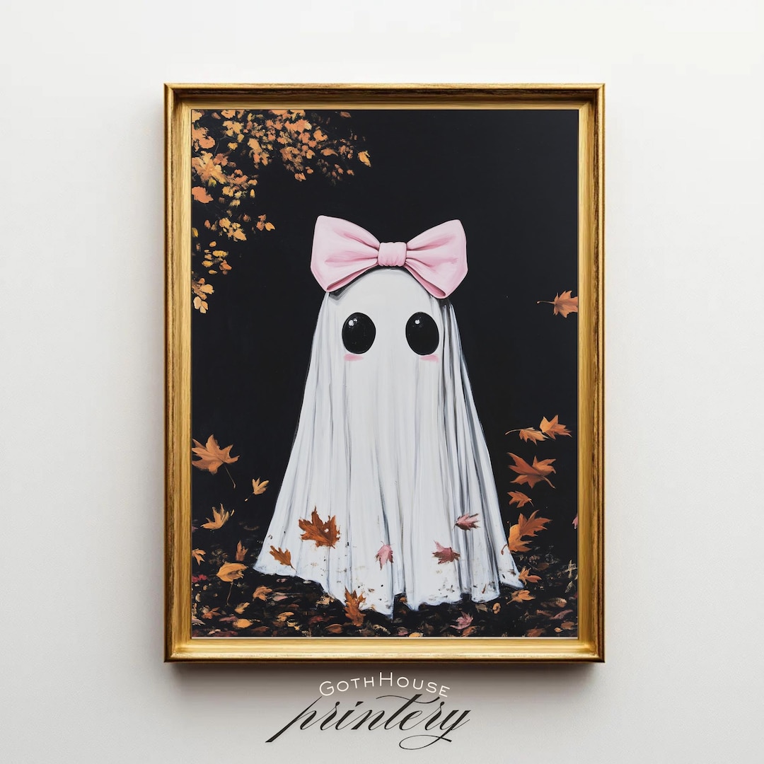 Pink Bow Ghost Painting | Cute Halloween Wall Art | Kawaii Ghost ...