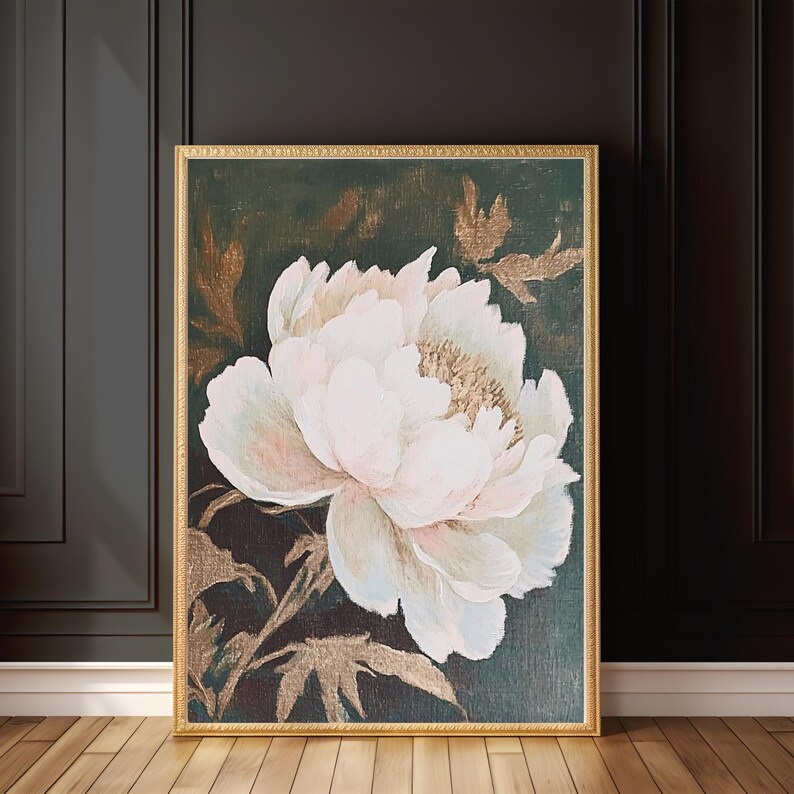 May include: A framed painting of a large, white peony flower with pink accents. The flower is painted on a dark green background with gold accents.