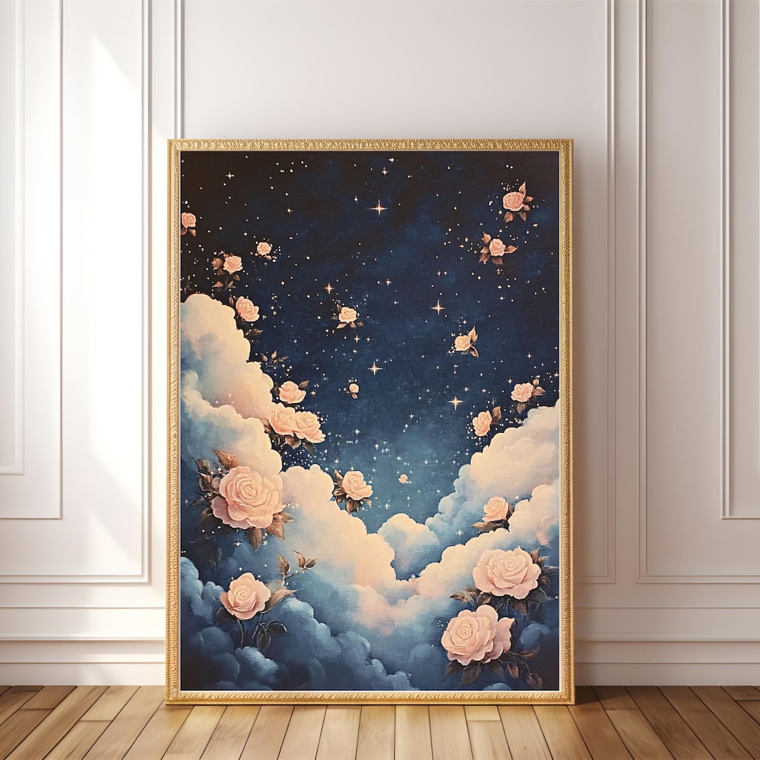 PRINTABLE Floral Cloud Art – Starry Night Sky Wall Decor, Celestial ...
