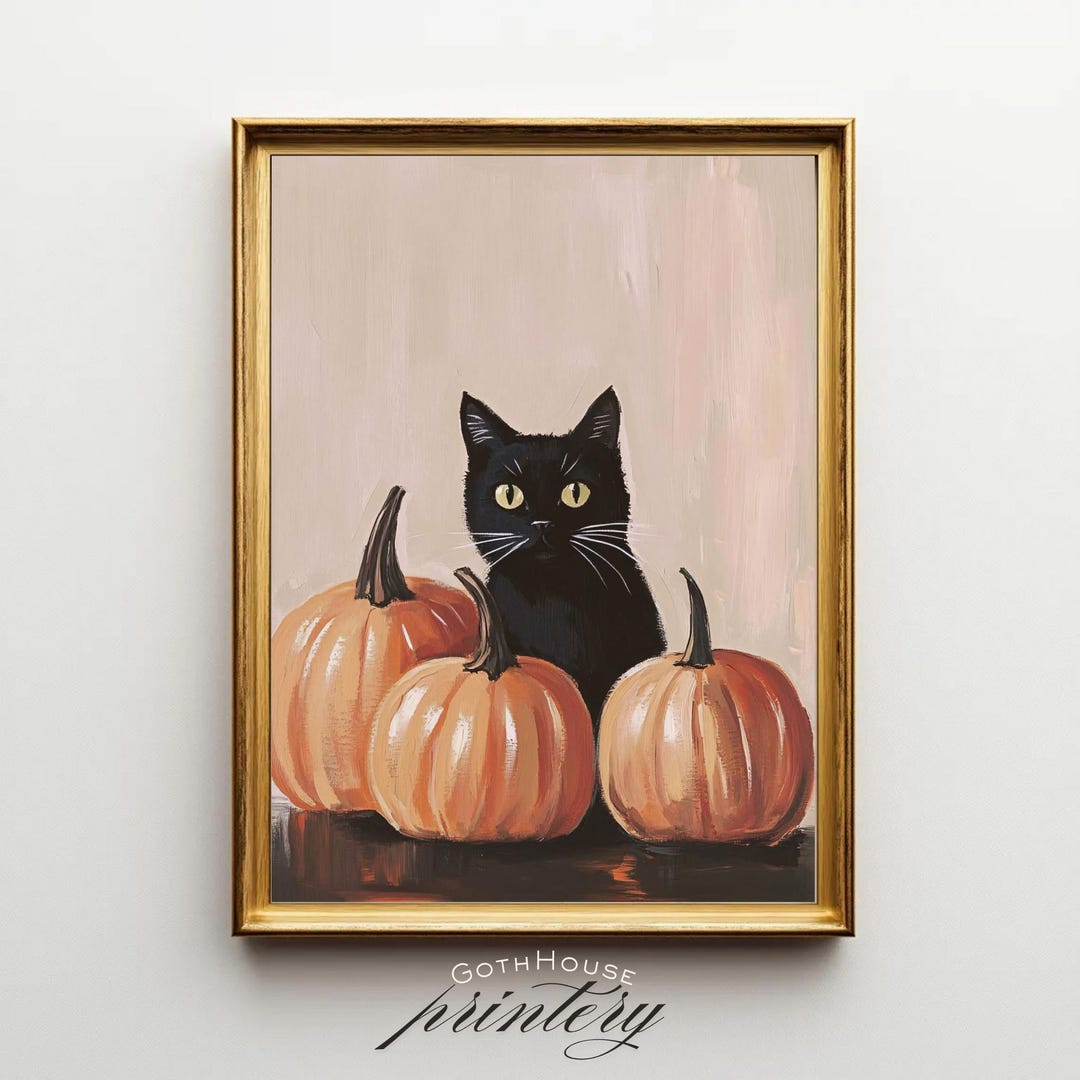 Black Cat in Pumpkins Wall Art | Gothic Halloween Autumn Floral Print ...