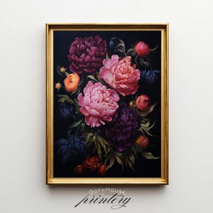 PRINTABLE Dark Moody Peony Floral Oil Painting, Cottage Dark Academia Wall Art, Bold Botanical Flower Print, Whimsigoth Victorian Maximalist
