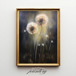 This enchanting printable artwork captures the delicate beauty of glowing dandelions set against a moody, painterly background. Perfect for adding a soft, ethereal touch to your home, this digital download brings botanical elegance to any gallery wall, bedroom, or quiet corner.