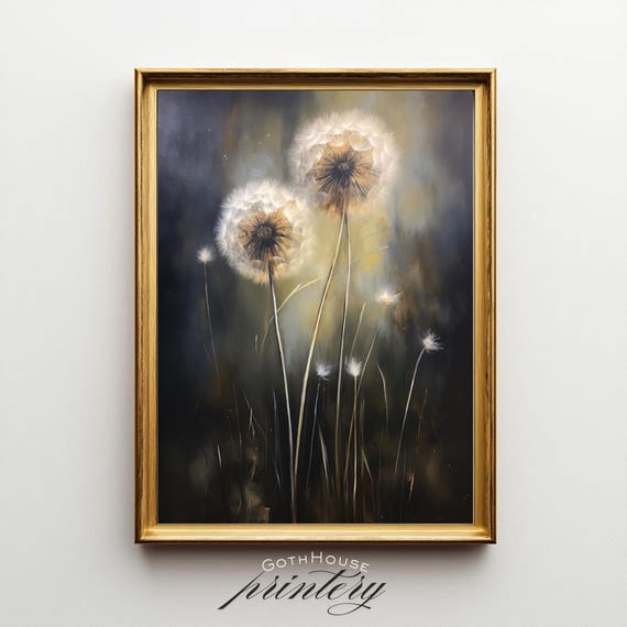 PRINTABLE Dandelion Wall Art | Moody Botanical Nature Print | Dark Floral Decor | Cottagecore Print | Farmhouse Wildflower Download